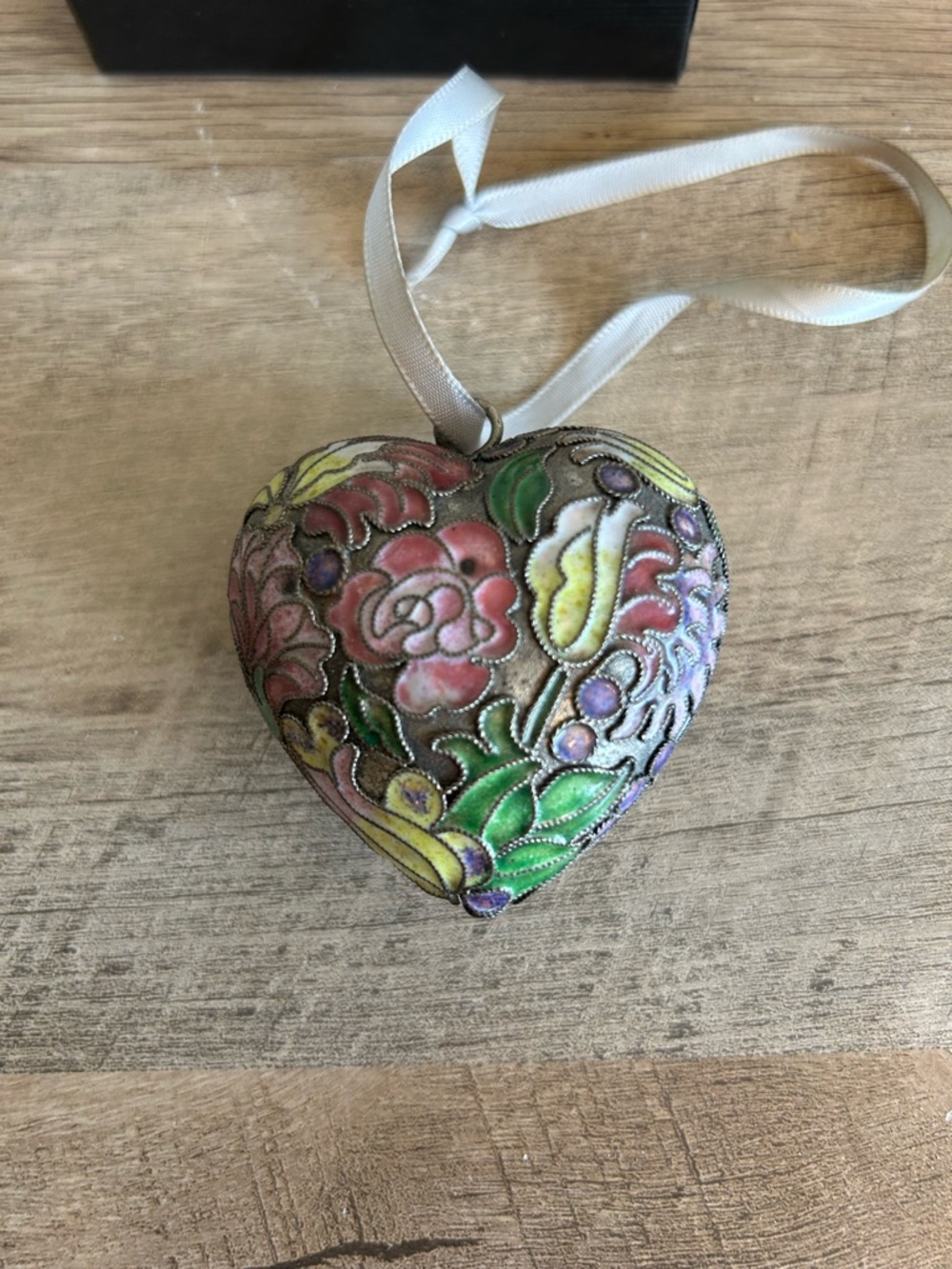 Cloisonné Puffy Heart Ornament Pink Green Gold Yellow Floral Design Vintage